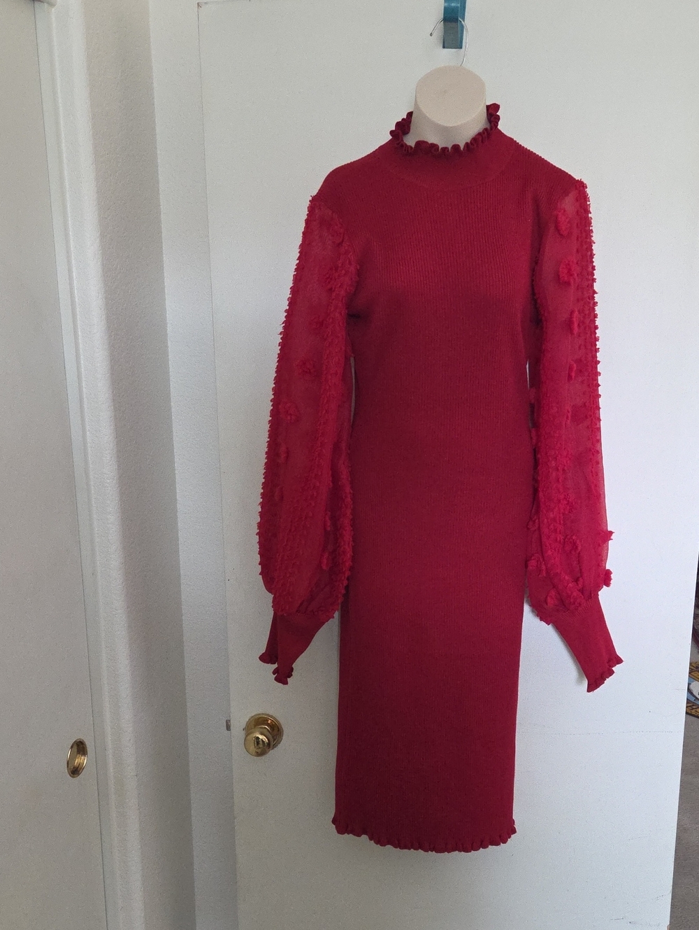 Almost Famous Red Midi Dress with Textured Balloon Sleeves